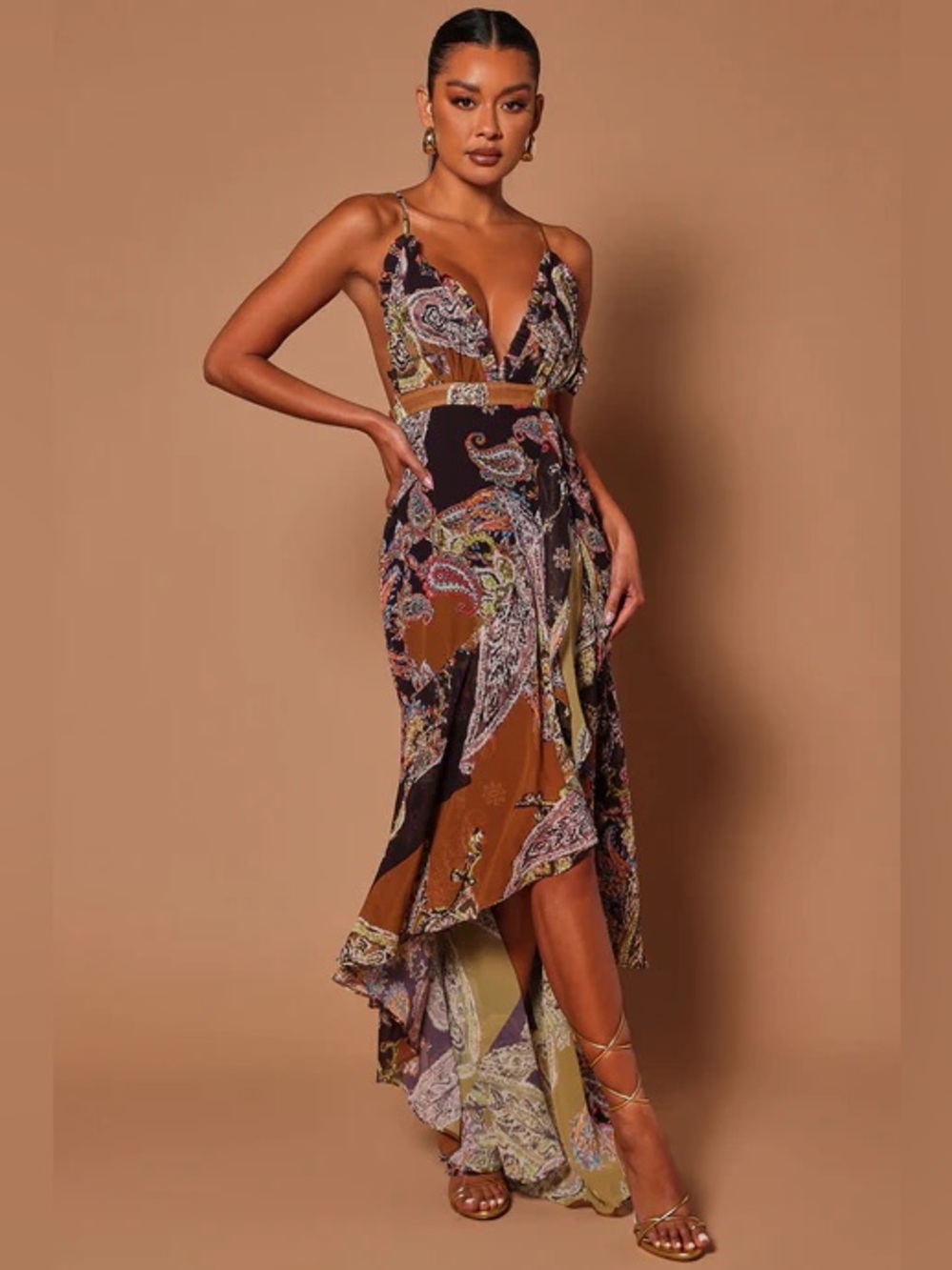 NWT Fashion Nova Jenna Chiffon Brown Paisley High-Low V-Neck Dress Large